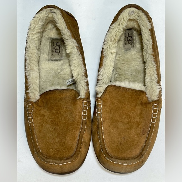 UGG Ansley Suede Sheepskin Moccasin Chestnut Slippers - Picture 7 of 12